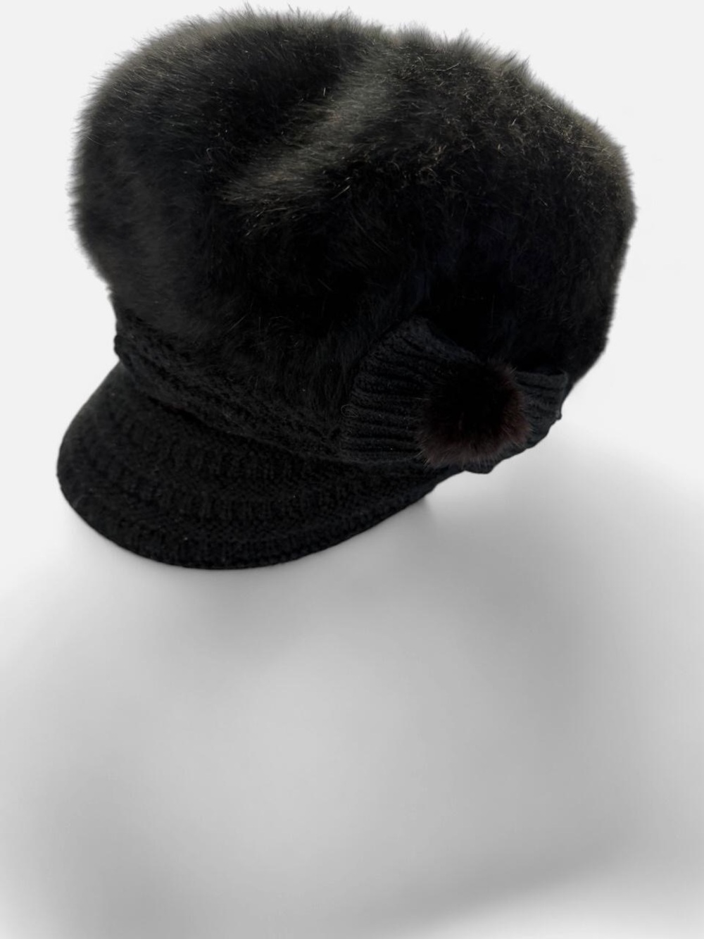 Black Faux Fur Knit Visor Hat
